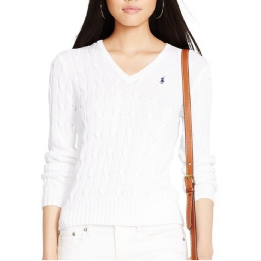 Ralph Lauren Sport White Cable Knit V Neck Pullover Sweater